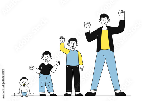 Man growth stages. Infant, child, teenager and adult. Steps of maturation and growth. From childhood to adult. Different generations. Linear vector illustration