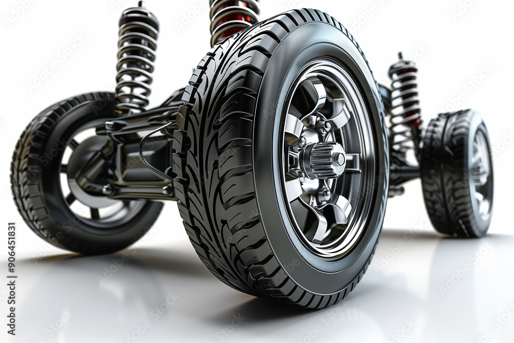 Close up of car suspension with wheels perspective on white background Close up of car suspension with wheels perspective on white background