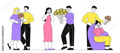 Men give flowers. Young guys give bouquets of flowers to their girlfriends. Love and romance. Present at birthday or Valentines Day. Linear vector collection