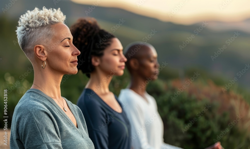 diverse group of women meditating in nature at sunset, finding inner peace and harmony in a serene outdoor setting. diverse group of women meditating in nature at sunset, finding inner peace and harmony in a serene outdoor setting.