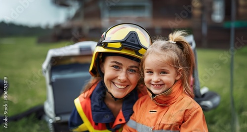 Smiling young girl sitting on the lap of a female firefighter in uniform, with a fire truck in the background.Generated image