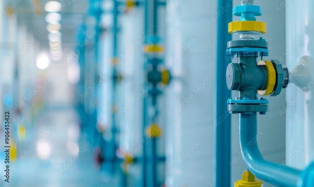 industrial piping system with valves and fittings in a modern factory setting. industrial piping system with valves and fittings in a modern factory setting.