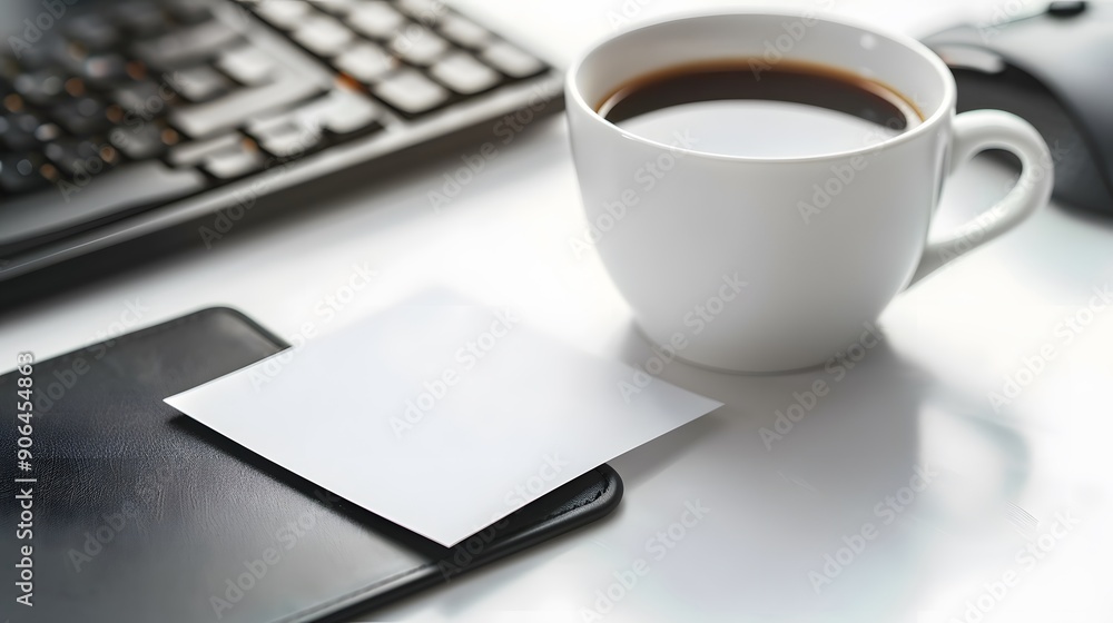 Close-up of a white sticky note on an office desk with a cup of coffee and computer keyboard Close-up of a white sticky note on an office desk with a cup of coffee and computer keyboard