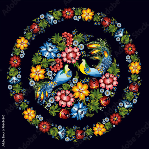 Ukrainian national artistic style "Petrykiv painting" for a plate. Floral pattern. Scandinavian style. The concept of ecological agriculture, farming and poultry farming on a round black background.
