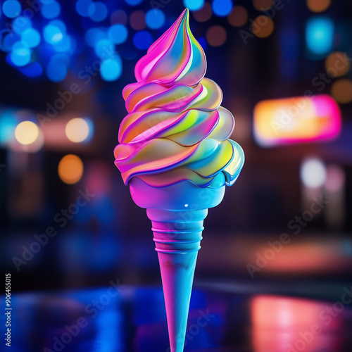 A delicious soft serve ice cream cone, displayed against a background of colorful neon lights and bokeh, making a fun and visually appealing treat that combines modern and classic elements.