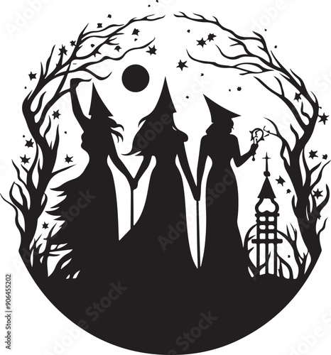 Halloween Witches Circle Stencil Silhouette Vector