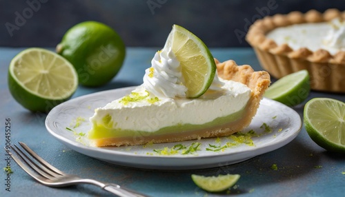 Slice of Key Lime Pie with Whipped Cream and Lime Zest on a Plate