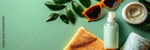 Sunscreen, Sunglasses, and Towel on a Green Background, Essential Summer Beach Accessories for Sun Protection and Relaxation photo