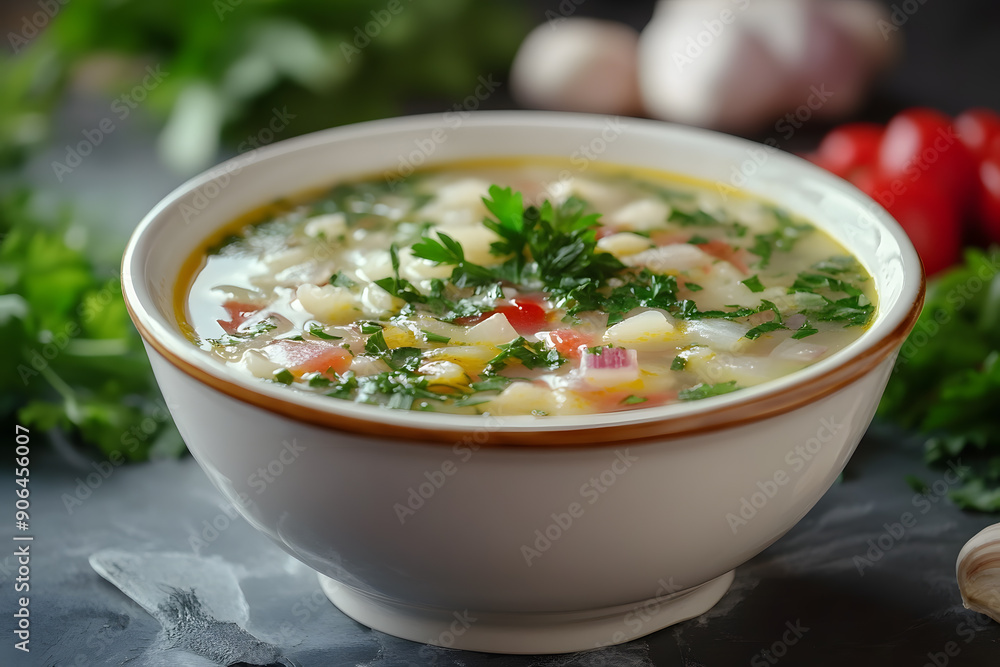 Bowl with traditional Russian okroshka soup isolated on white background Bowl with traditional Russian okroshka soup isolated on white background