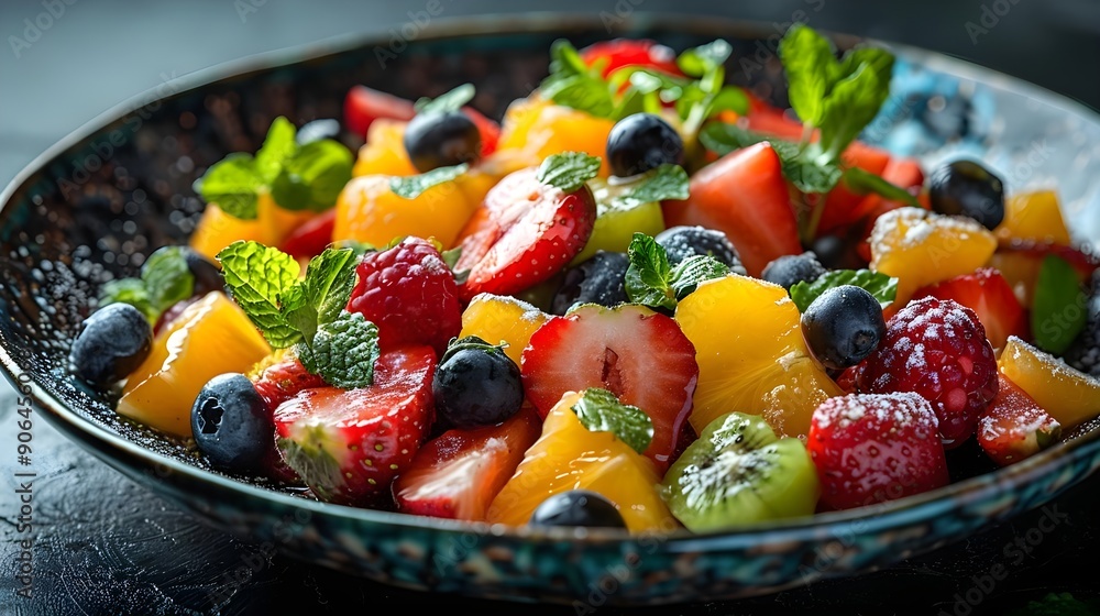 Close-Up Shot of Colorful Fruit Salad in Decorative Bowl Close-Up Shot of Colorful Fruit Salad in Decorative Bowl