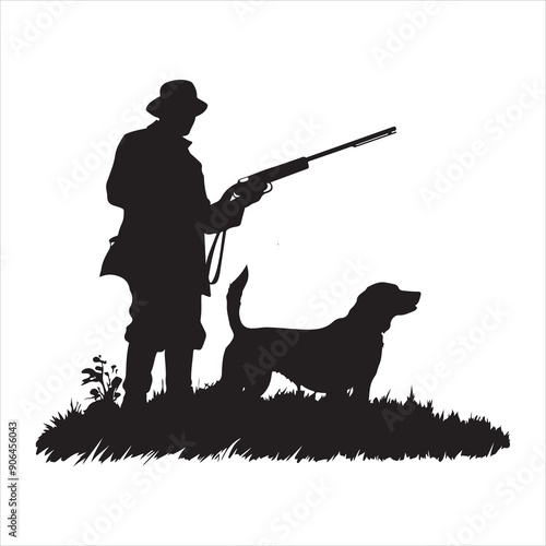Hunter with dog aiming with rifle on pheasant. Outdoor silhouette white background
