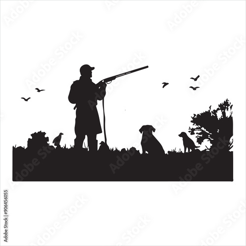 Hunter with dog aiming with rifle on pheasant. Outdoor silhouette white background
