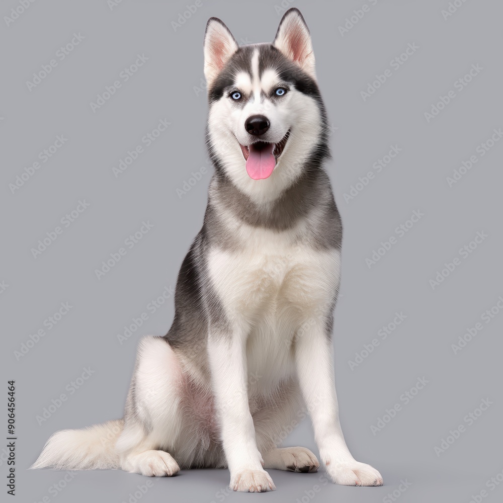 Happy Siberian Husky Dog Sitting on Grey Background Happy Siberian Husky Dog Sitting on Grey Background
