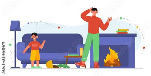 Naughty boy at home. Surprised man stands in apartment and looks at mess. Son create chaos in room. Broken furniture and dirty floor. Flat vector illustration