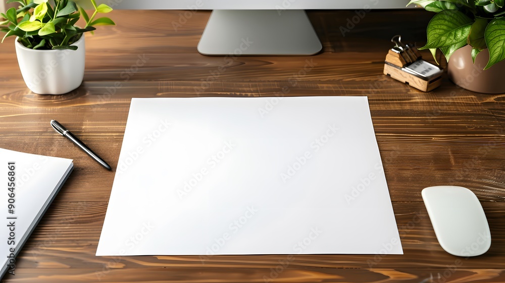 Blank white note paper on a modern office desk, surrounded by stationery and a computer mouse Blank white note paper on a modern office desk, surrounded by stationery and a computer mouse