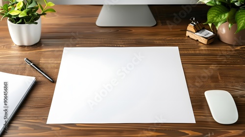 Blank white note paper on a modern office desk, surrounded by stationery and a computer mouse photo