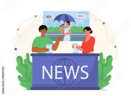 News reporters concept. Man and woman host television show or broadcast. Journalists and reporters, mass media workers. Entertainment and fun. Flat vector illustration