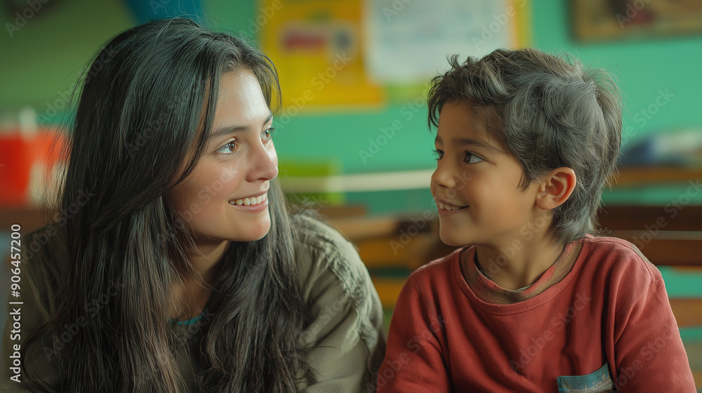 An adult and a colombian kid sitting in front of each other having a fun conversation in a classroom An adult and a colombian kid sitting in front of each other having a fun conversation in a classroom