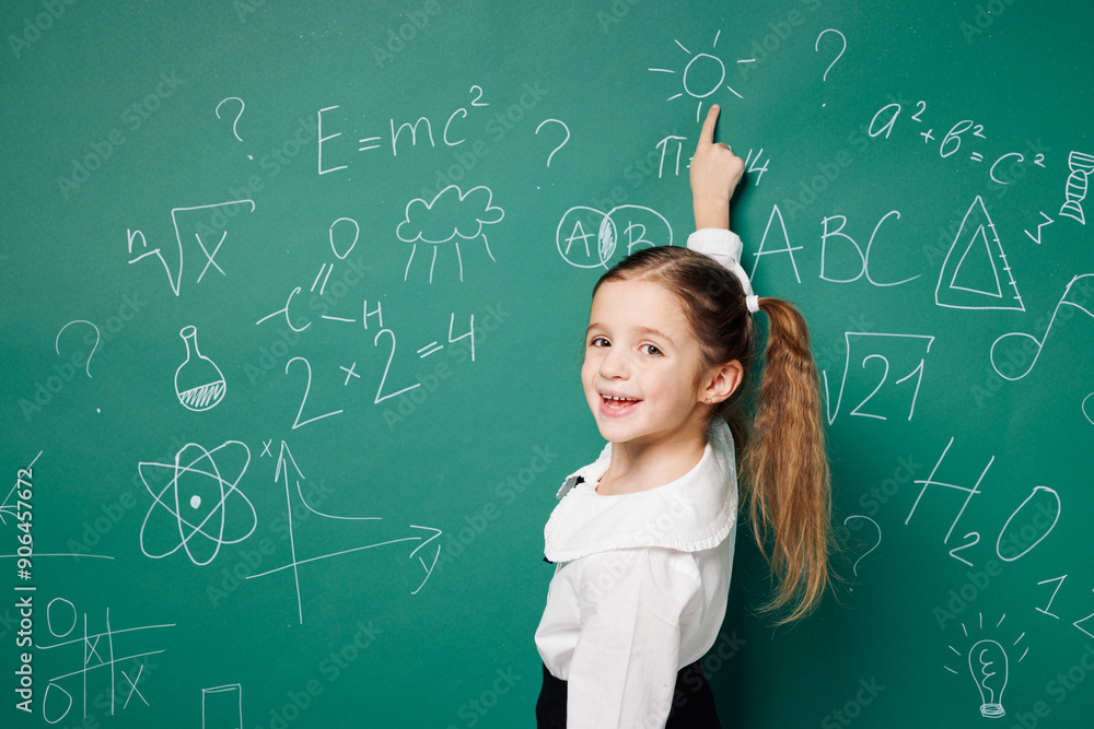 Side view little fun school girl 7-8 years old pony tails wearing white shirt uniform point index finger on symbol isolated on green blackboard background. Childhood kids education lifestyle concept.