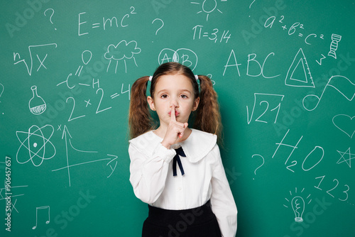 Принти на полотні Little school girl 7-8 years old pony tails wear white shirt uniform say hush be quiet, finger on lips shhh gesture isolated on green blackboard background