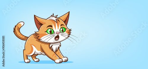 Vector cartoon scared or surprised cute little ruffled ginger kitten. Domestic fluffy pet. Feline emotions. Light blue background.