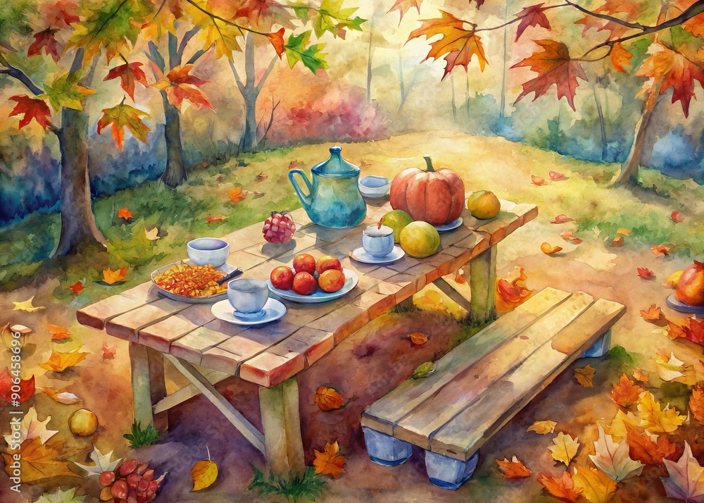 Vibrant autumn leaves surround a rustic picnic table set with healthy food and colorful plates, evoking a sense of friendship and joyful outdoor gatherings. Vibrant autumn leaves surround a rustic picnic table set with healthy food and colorful plates, evoking a sense of friendship and joyful outdoor gatherings.