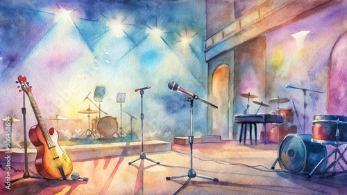 Energetic musical instruments, microphones, and equipment on stage, ready for performance, at a vibrant church conference with soft blurred background and ample copy space.
