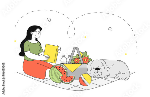Woman picnic with dog. Young girl with pet eating food in nature. Lunch and breakfast in park. Young girl with watermelon and water. Linear vector illustration