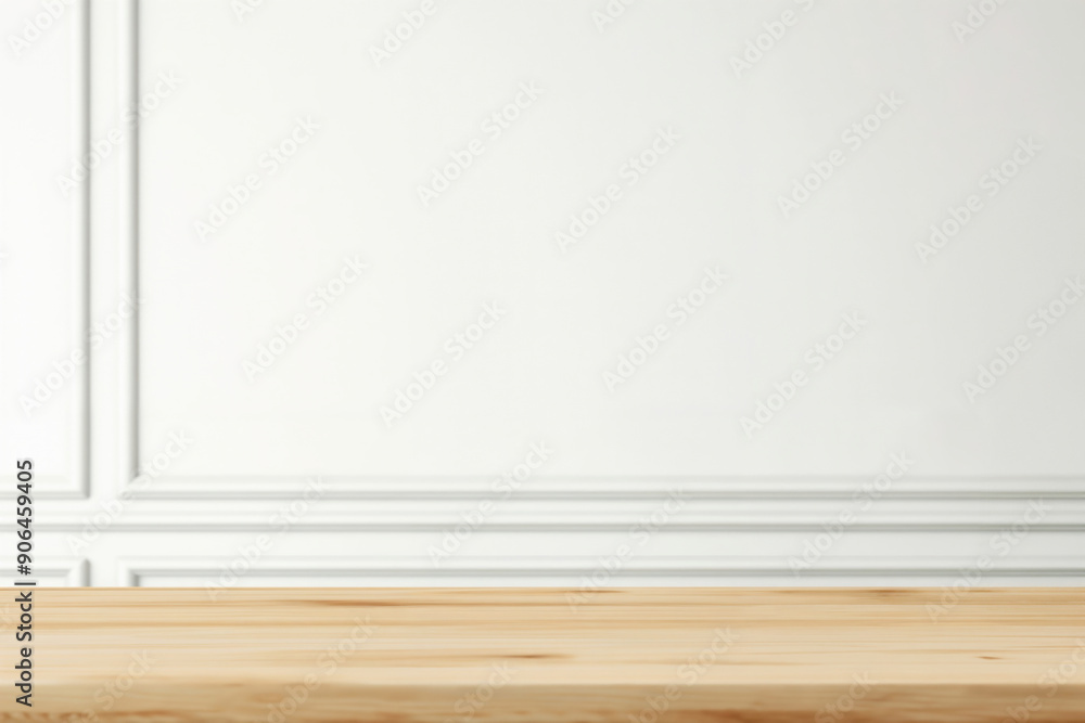 Naklejka premium Empty wooden tabletop on a white wall background with copy space, perfect for displaying your product or design
