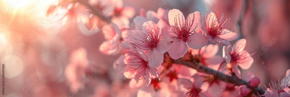 Beautiful close-up of pink cherry blossoms in full bloom, illuminated by warm sunlight in a dreamy, serene spring setting. Beautiful close-up of pink cherry blossoms in full bloom, illuminated by warm sunlight in a dreamy, serene spring setting.