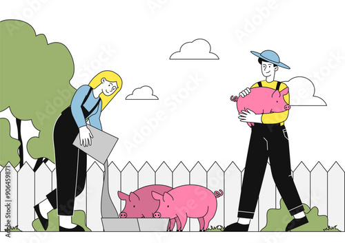 People feeding pigs. Man and woman pour food for pigs. Farming and agriculture. Catle and domestic animal. Husbandry and farmland. Linear vector illustration