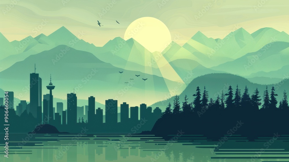 Naklejka premium Minimalism illustration, silhouette of the Vancouver cityscape with Stanley Park and coastal mountains, flat illustration on light green background, empty copy space, lofi style illustration 