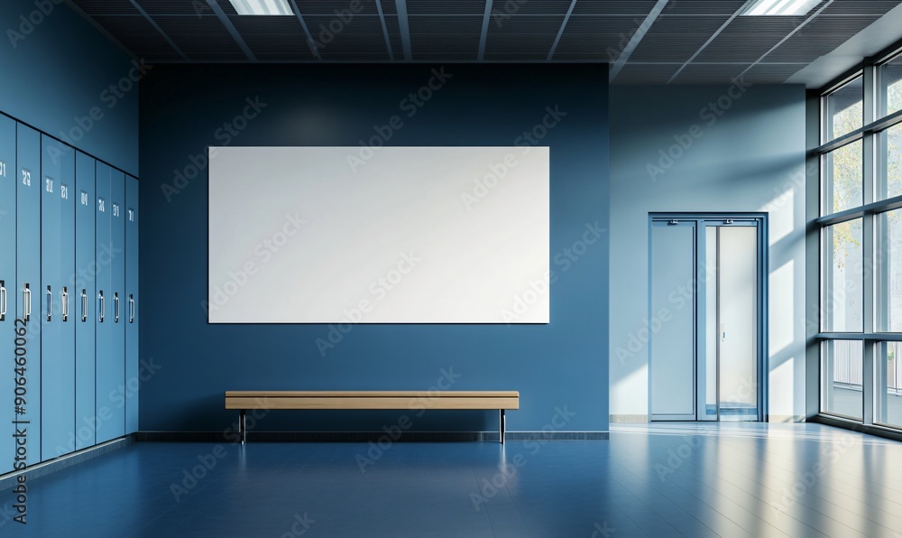 Detailed 3D rendering of a blank wall in a school locker room, ready for your designs, logos, or messages, providing a lifelike preview in a familiar school environment Detailed 3D rendering of a blank wall in a school locker room, ready for your designs, logos, or messages, providing a lifelike preview in a familiar school environment