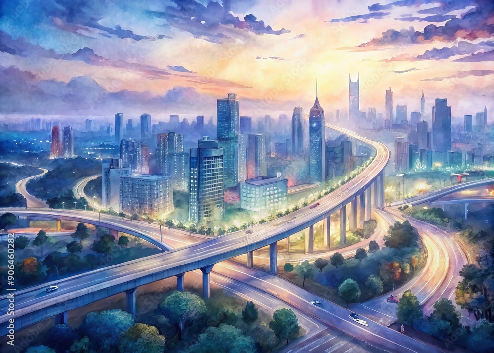 Fototapeta premium Bird's eye view of a bustling metropolis at dusk, showcasing a complex network of highways, roads, and bridges, with sleek skyscrapers and vibrant city lights.