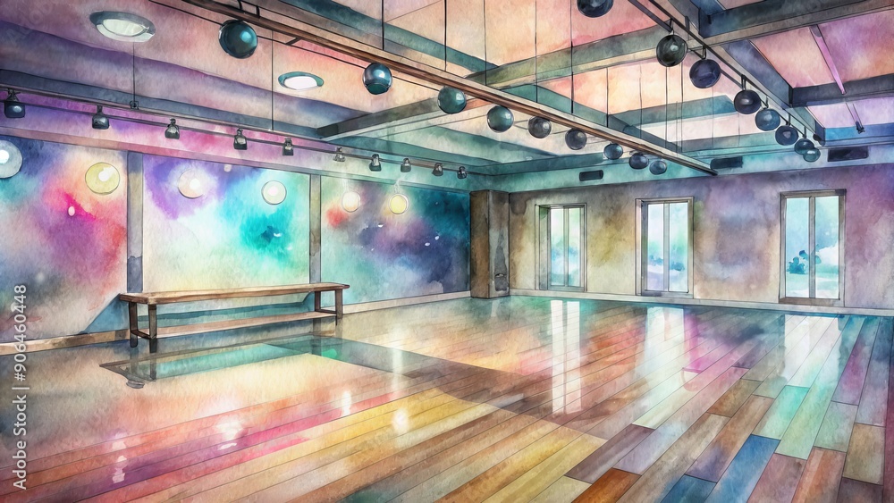 Empty dance studio with mirrors, barre, and exercise equipment, colorful lights and upbeat music atmosphere, awaiting participants for a fun fitness dance class session. Empty dance studio with mirrors, barre, and exercise equipment, colorful lights and upbeat music atmosphere, awaiting participants for a fun fitness dance class session.