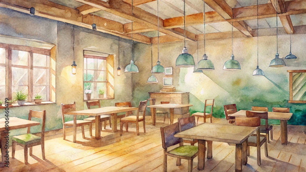 Warm and cozy coffee shop interior with wooden decor, empty tables, and a rewards board displaying stickers and stamps for frequent customers. Warm and cozy coffee shop interior with wooden decor, empty tables, and a rewards board displaying stickers and stamps for frequent customers.