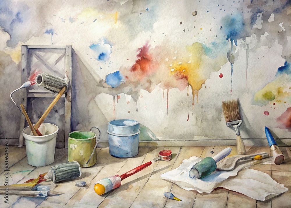 A paint-splattered wall with painting tools scattered around, a half-painted area, and a dropped paintbrush, indicating a happy couple's DIY home renovation project. A paint-splattered wall with painting tools scattered around, a half-painted area, and a dropped paintbrush, indicating a happy couple's DIY home renovation project.