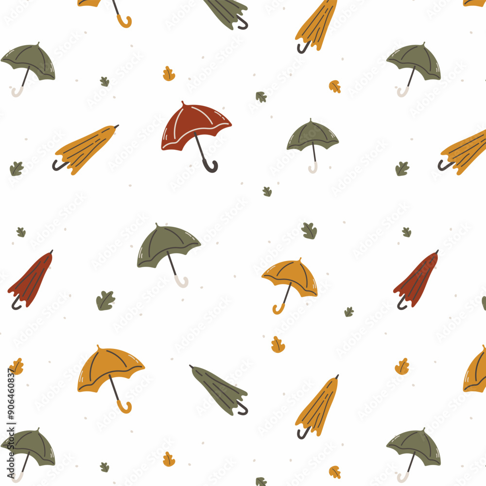 Seamless autumn pattern. Bright umbrellas with leaves on white background. Rainy weather. Can be used as gift paper, card and wallpaper.Perfect background for banner, poster, flyer, cover. Seamless autumn pattern. Bright umbrellas with leaves on white background. Rainy weather. Can be used as gift paper, card and wallpaper.Perfect background for banner, poster, flyer, cover.