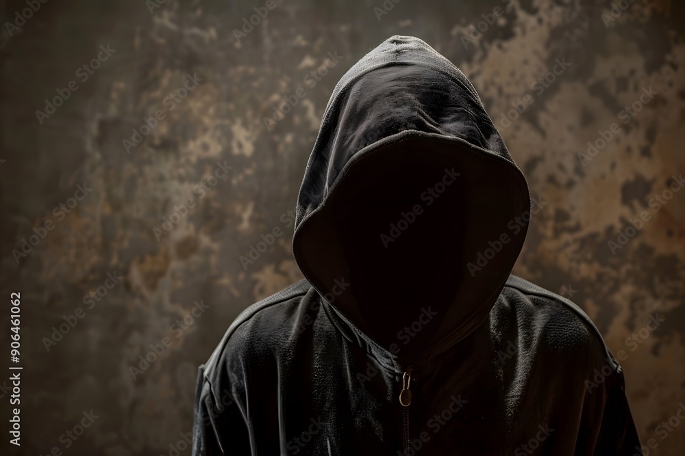 Mysterious Figure in a Dark Hoodie Against a Grungy Background Mysterious Figure in a Dark Hoodie Against a Grungy Background