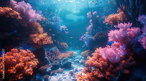 Fototapeta Naklejka Na Ścianę i Meble -  A futuristic ocean with glowing coral reefs and holographic marine life, thriving under the waves. Generative AI.