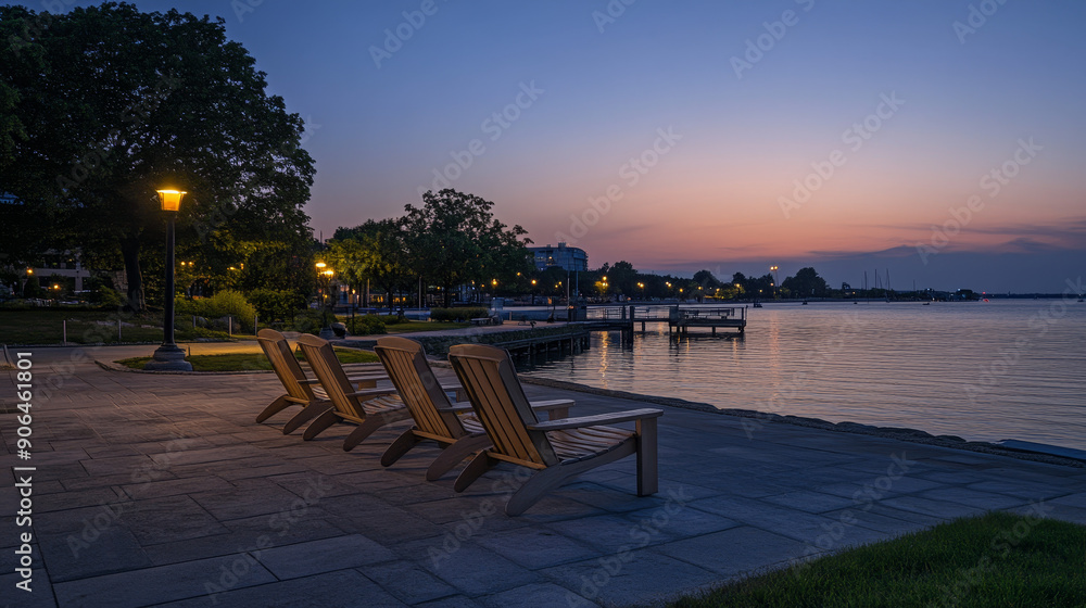 Lounge chairs positioned along the waterfront at twilight offer a serene setting for relaxation and contemplation, blending seamlessly with the peaceful evening ambiance.
Lounge chairs positioned along the waterfront at twilight offer a serene setting for relaxation and contemplation, blending seamlessly with the peaceful evening ambiance.