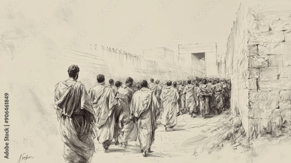 Obraz premium Biblical Illustration of Numbers: Priests Overseeing the Removal of Impurities from the Camp, Captured on a Beige Background, Highlighting the Purification Rituals and Religious Duties