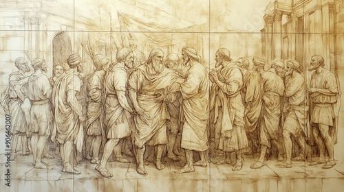 Biblical Illustration of Numbers: A Scene of Reconciliation Under the Guidance of Moses, Captured on a Beige Background, Emphasizing Leadership and the Act of Restitution in Religious Practices