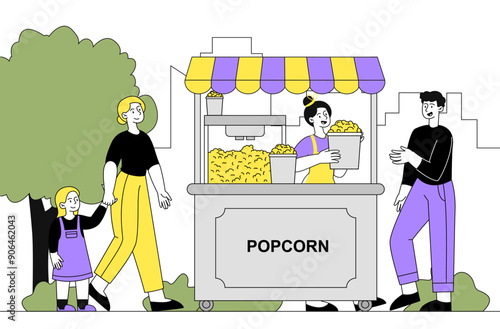 People buy popcorn. Man, woman and child buy sweets. Dessert and delicacy. Street food vendor and market. Pop corn at fairground. Linear vector illustration