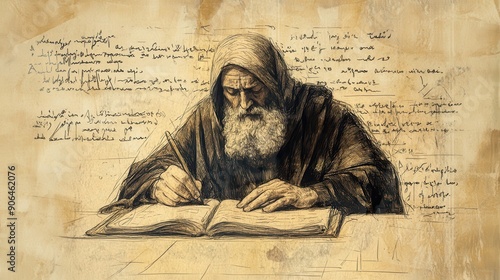 Biblical Illustration of Numbers: A Scribe Recording a Resolved Restitution Case, Captured on a Beige Background, Highlighting the Documentation and Formality of Religious Justice