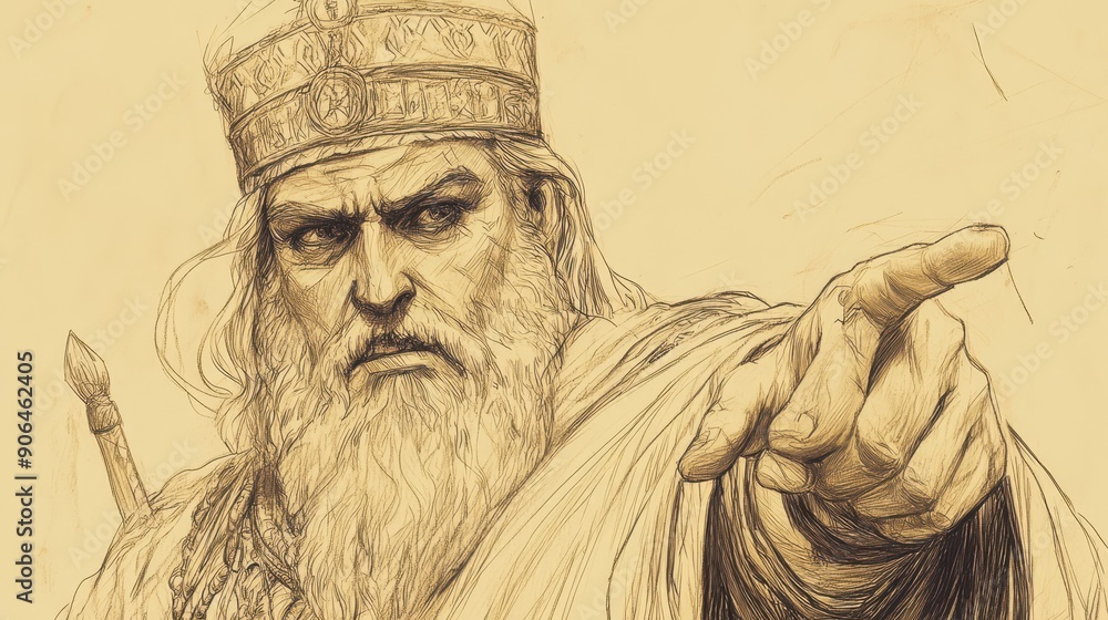 Fototapeta premium King Balak's Frustrated Reaction to Balaam’s Blessings, Biblical Illustration from Numbers, Balaam's Oracles, Beige Background, Ideal for Religious Education and Worship Materials