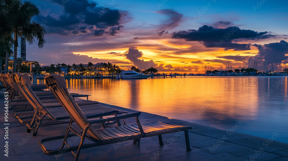 Lounge chairs positioned along the waterfront at twilight offer a serene setting for relaxation and contemplation, blending seamlessly with the peaceful evening ambiance.
Lounge chairs positioned along the waterfront at twilight offer a serene setting for relaxation and contemplation, blending seamlessly with the peaceful evening ambiance.