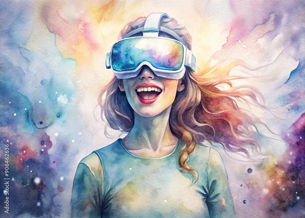 Young woman immersed in virtual reality experience wearing VR headset modern depiction of futuristic technology and networked entertainment showcasing joy and innovation of digital simulation Young woman immersed in virtual reality experience wearing VR headset modern depiction of futuristic technology and networked entertainment showcasing joy and innovation of digital simulation