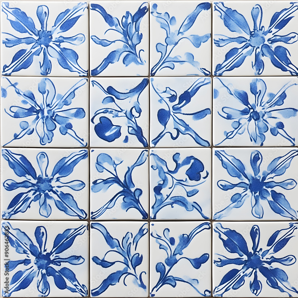 Fototapeta premium Majolica floral blue folk ceramic tile pattern. Traditional Portuguese and Spain decor
