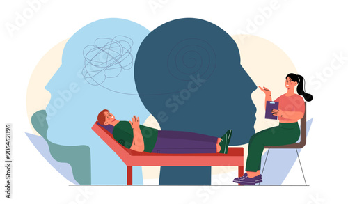 Man with psychological help. Woman helps guy with depression. Negative feelings and emotions. Person suffer from sadness and frustration. Psychological consultation. Flat vector illustration